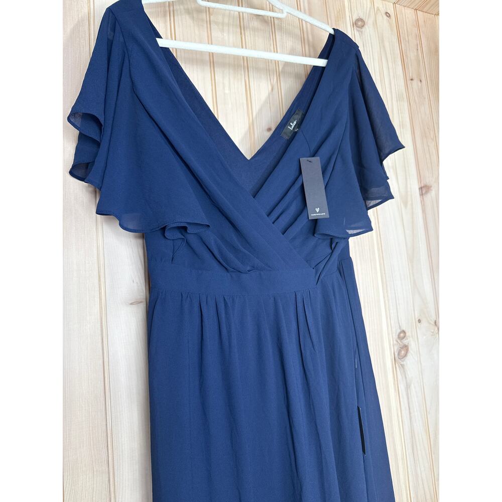 NWT Lulus Convincing Grace Navy Blue Flutter Sleeve Wrap Maxi Dress Wedding L - Picture 4 of 7